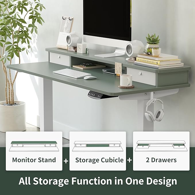 FEZIBO 60 x 24 Inch Height Adjustable Electric Standing Desk with Double Drawer, Stand Up Desk with Storage Shelf, Sit Stand Desk, Green - LeafyLoom