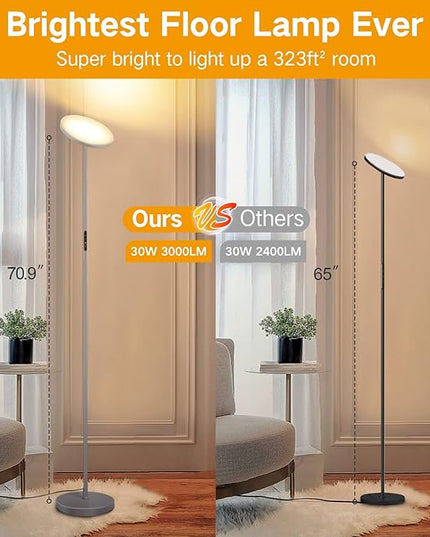 OUTON Floor Lamp, 30W/3000LM LED Modern Torchiere Sky Lamp, Super Bright Dimmable Standing Tall Lamp with 4 Color Temperatures, Remote Touch Control, Timer for Living Room Bedroom Office, Silver Grey - LeafyLoom