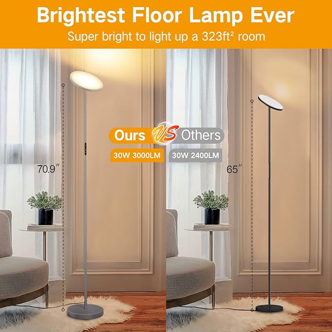 OUTON Floor Lamp, 30W/3000LM LED Modern Torchiere Sky Lamp, Super Bright Dimmable Standing Tall Lamp with 4 Color Temperatures, Remote Touch Control, Timer for Living Room Bedroom Office, Silver Grey - LeafyLoom