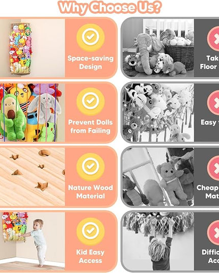 Stuffed Animal Storage Toy Organizer, Wood Corner Plushies Storage Wall Shelf Adjustable Length Stuffed Animal Holder, Large Kids Toy Storage for Nursery Playroom Bedroom Kid Room - LeafyLoom