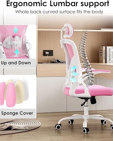 Farini Ergonomic Office Chair, Home Office Desk Chair with Headrest, High Back Computer Chair with Flip-up Armrests and Adjustable Lumbar Support for Home Office Study Room Bedroom, Pink. - LeafyLoom