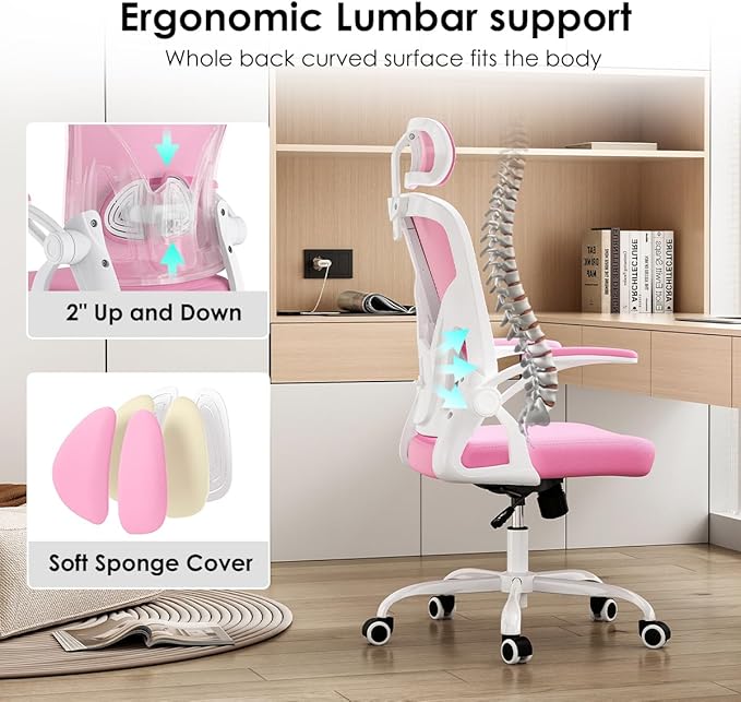 Farini Ergonomic Office Chair, Home Office Desk Chair with Headrest, High Back Computer Chair with Flip-up Armrests and Adjustable Lumbar Support for Home Office Study Room Bedroom, Pink. - LeafyLoom