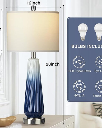 28" Glass Table Lamp Set of 2, Modern Table Lamps with USB A+C Ports & AC Outlet, Touch Control Bedside Nightstand Lamp with LED Night Light & White Fabric Shade for Living Room Blue(4 Bulbs Included) - LeafyLoom