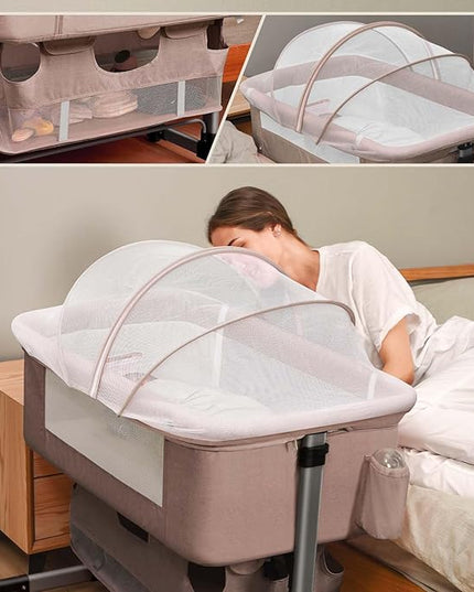Baby Crib,3 in 1 Bedside Crib Adjustable Portable Bed for Infant,Baby Bassinet Baby Newborn Must Have Bed, Khaki - LeafyLoom