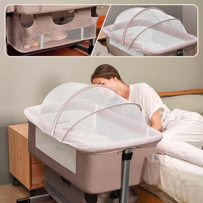 Baby Crib,3 in 1 Bedside Crib Adjustable Portable Bed for Infant,Baby Bassinet Baby Newborn Must Have Bed, Khaki - LeafyLoom