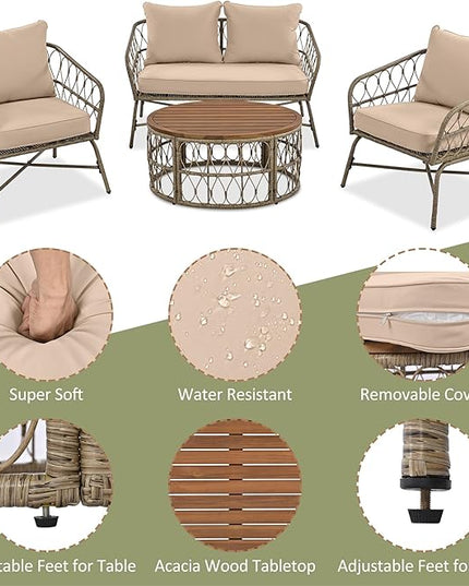 Merax Outdoor Patio Furniture Sets, Bohemia-Inspired Wicker Conversation Seating Group, with Soft Cushions and Wood Tabletop, 4 PCS, Beige - LeafyLoom