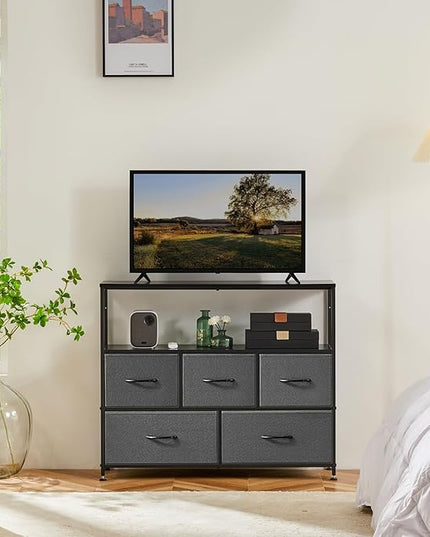 ANTONIA TV Stand Dresser for Bedroom with 5 Fabric Drawer, Entertainment Center for 45 inch Television, Media Console Table with Storage, Open Shelf, Adjustable Feet, Living Room Furniture, Grey - LeafyLoom