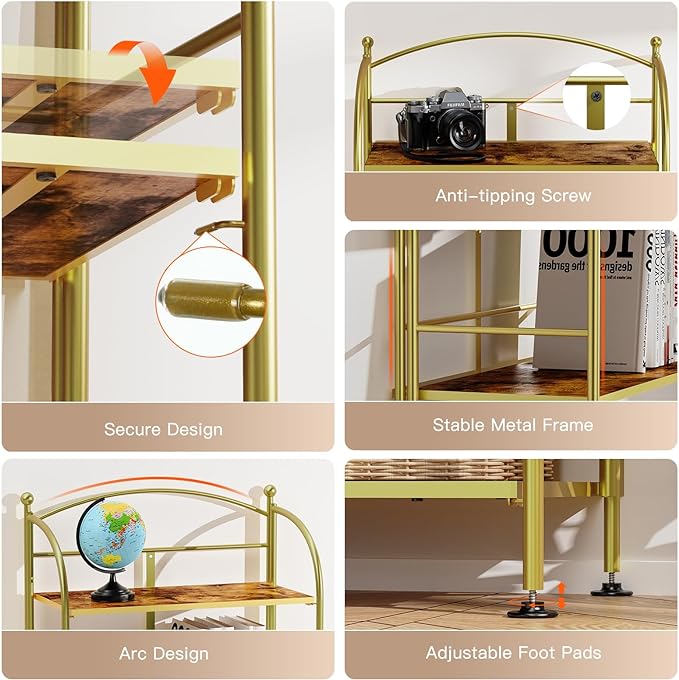 FRAPOW Folding Bookshelf No Assembly, 4 Tier Shelf Gold Collapsible Bookcase, Arched Metal Display Tall Book Shelf with Storage Shelves for Bedroom, Living Room, Home Office - LeafyLoom