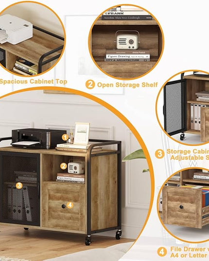 BON AUGURE Filing Cabinet for Home Office, Lateral File Cabinet with Drawer for Letter/ A4 Size, Mobile Printer Stand with Open Storage (Vintage Oak) - LeafyLoom