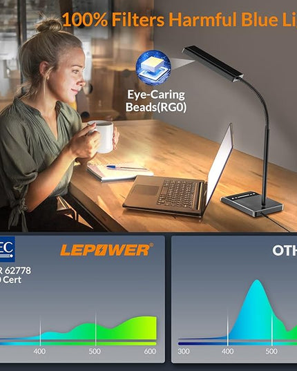 LEPOWER Desk Lamp, 800LM LED Desk Lamp for Home Office, 12W Reading Lamp for Desk, Eye-Caring Light, Touch Table Lamp, Gooseneck Lamp, 50 Lighting Modes, Bright Desk Lamps for Bedroom, Study (Black) - LeafyLoom