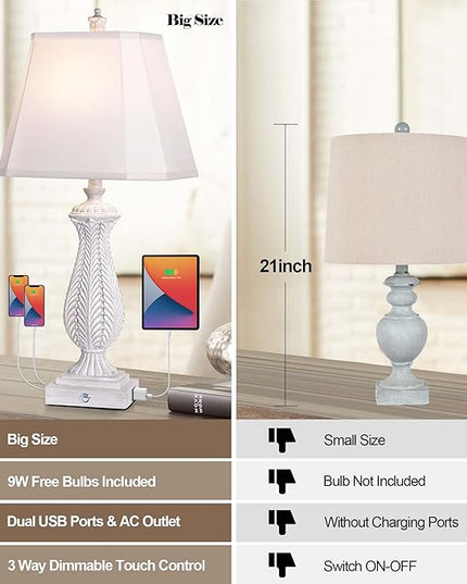 3-Way Dimmable Table Lamps for Bedrooms Set of 2, 30" H Touch Lamps for Living Room with 2 USB Ports and AC Outlet, White Mermaid Bedside Lamp for Nightstand, Resin Farmhouse Rustic Lamp with 2 Bulb - LeafyLoom