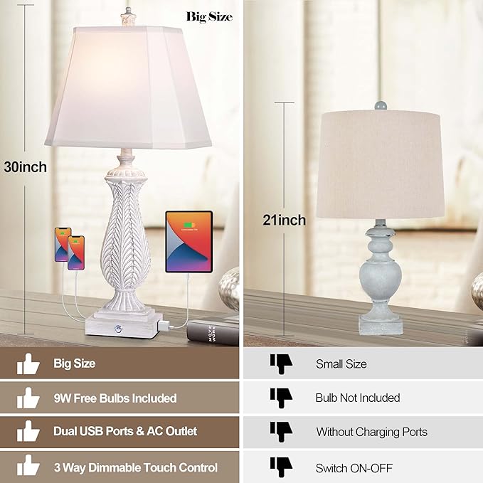 3-Way Dimmable Table Lamps for Bedrooms Set of 2, 30" H Touch Lamps for Living Room with 2 USB Ports and AC Outlet, White Mermaid Bedside Lamp for Nightstand, Resin Farmhouse Rustic Lamp with 2 Bulb - LeafyLoom