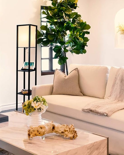 Brightech Maxwell – Modern Shelf Floor Lamp with USB Ports, Wireless Charging & Outlet – Versatile Corner Display and Lamp with Shelves, Storage Solution for Living Room, Office, Bedroom – Black - LeafyLoom