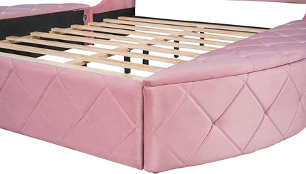 Queen Size Velvet Upholstered Platform Bed with Wingback Headboard, Spacious Drawer, and Convenient Side Storage Stools, Comfort Platform Bed Frame for Home Bedroom, Pink - LeafyLoom