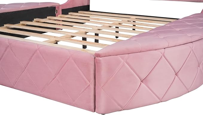 Queen Size Velvet Upholstered Platform Bed with Wingback Headboard, Spacious Drawer, and Convenient Side Storage Stools, Comfort Platform Bed Frame for Home Bedroom, Pink - LeafyLoom