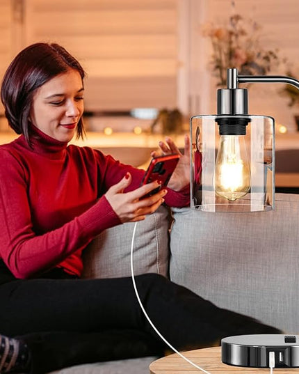 Industrial Touch Control Table Lamps Set of 2 - Black Nickel Bedside Lamps with 2 USB Ports & AC Outlet, 3-Way Dimmable Nightstand Desk Lamp for Bedroom Living Room, Glass Shade & 2 LED Bulbs Included - LeafyLoom