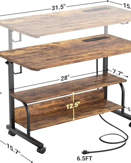 32" Height Adjustable Standing Desk with Power Outlets - Manual Rolling Stand Up Desk with Wheels Small Portable Computer Desk Mobile Laptop Table with Storage Shelves for Home Office, Rustic - LeafyLoom