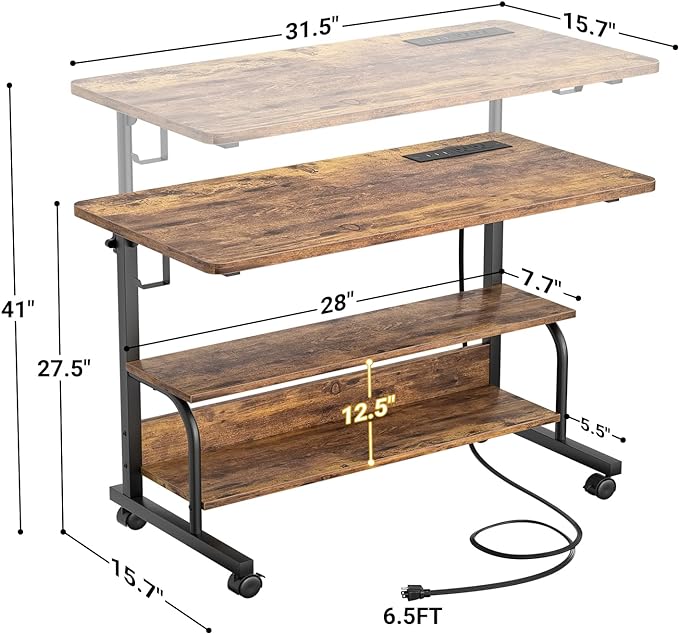 32" Height Adjustable Standing Desk with Power Outlets - Manual Rolling Stand Up Desk with Wheels Small Portable Computer Desk Mobile Laptop Table with Storage Shelves for Home Office, Rustic - LeafyLoom