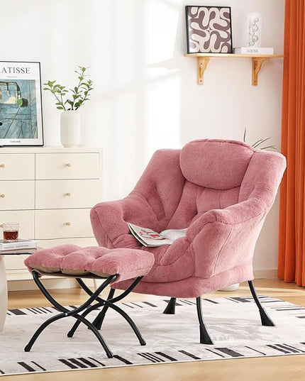 Cozy Lazy Chair and Ottoman, Large Contemporary Accent Lounge Chair Set, Leisure Upholstered Reading Armchair for Bedroom, Living Room, Dorm Rooms, Office - LeafyLoom