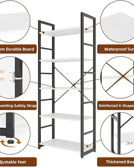 COTUBLR 5 Tier Bookshelf 24 Inch Bookcase Book Shelf Organizer Modern Tall Bookshelf Book Case Ladder Bookshelves Book Storage for Bedroom, Living Room, Home Office, Kitchen (White) - LeafyLoom