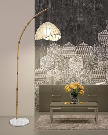 Bamboo Floor Lamp, Boho Floor Lamps, Modern Tall Standing Lamps Retro Arc Floor Lamp for Living Room Restaurant Home Decorative, Fishing Floor Lamp(Trichromatic Light Change) - LeafyLoom