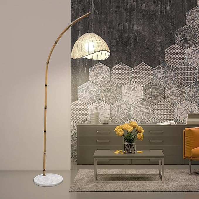 Bamboo Floor Lamp, Boho Floor Lamps, Modern Tall Standing Lamps Retro Arc Floor Lamp for Living Room Restaurant Home Decorative, Fishing Floor Lamp(Trichromatic Light Change) - LeafyLoom