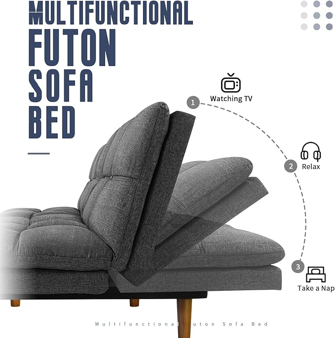 IULULU Futon Sofa Bed, Modern Convertible Sleeper Couch Daybed with Adjustable Armrests for Studio, Apartment, Office, Small Space, Compact Living Room, Dark Gray - LeafyLoom