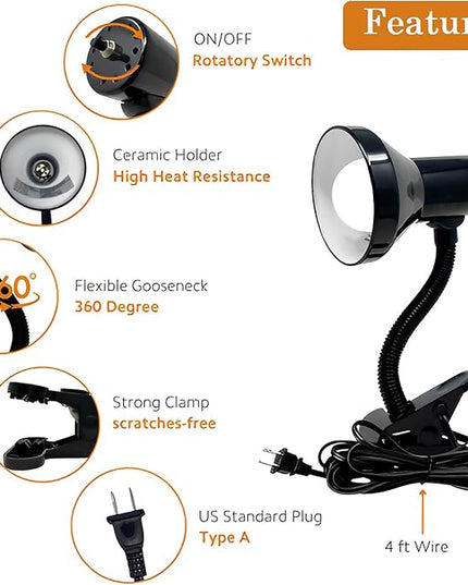 Xtricity Desk Lamps with Clamp Base - Adjustable Gooseneck -Clip on for Desk or Bed - Bulb Included, 120 Volt, On/Off Switch, 10.25 Inches Tall (26cm), Black - LeafyLoom