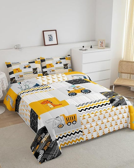Construction Comforter Set Full Size Kids Cartoon Car Excavator Tractor Toddler Comforter Equipment Trucks Plaid Grid Yellow Comforter Set Construction Vehicles Duvet Set Quilt Set - LeafyLoom