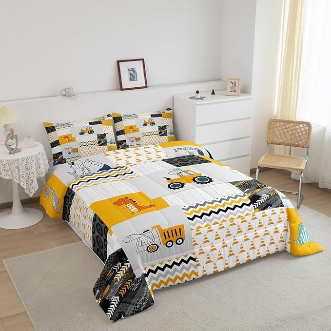 Feelyou Construction Comforter Set King Size Kids Cartoon Car Excavator Tractor Toddler Comforter Equipment Trucks Plaid Grid Yellow Comforter Set Construction Vehicles Duvet Set Quilt Set - LeafyLoom