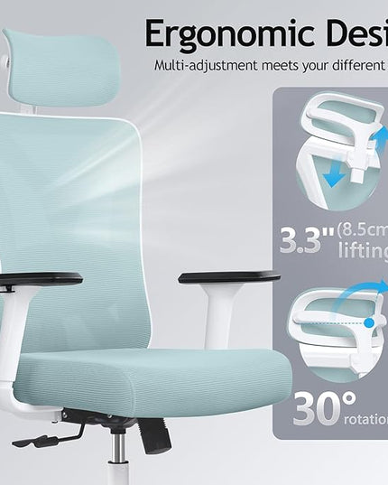 KERDOM Ergonomic Office Chair, Rolling Swivel Executive Desk Chair, Breathable Mesh Gaming Chair with Adjustable Headrest, 3D Armrest and Lumbar Support for Home Office LightBlue - LeafyLoom