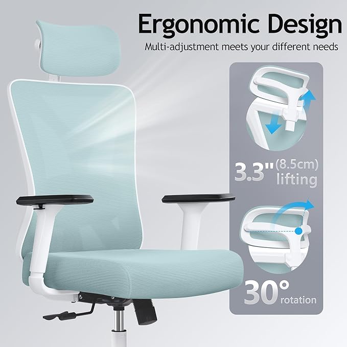KERDOM Ergonomic Office Chair, Rolling Swivel Executive Desk Chair, Breathable Mesh Gaming Chair with Adjustable Headrest, 3D Armrest and Lumbar Support for Home Office LightBlue - LeafyLoom