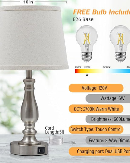 Lamps for Bedrooms Set of 2, Brushed Nickel Bedside Lamps with USB Ports, 3 Way Dimmable Nightstand Lamps with Fabric Lampshade, Touch Table Lamp for Living Room Bedroom Office, Bulbs Included - LeafyLoom
