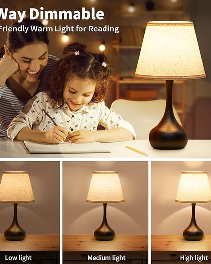 Touch Bedside Lamp for Bedroom, 3-Way Dimmable Farmhouse Table Lamps for Nightstand with Fabric Shade, Desk Lamp for Kids Reading, Home Office - LeafyLoom