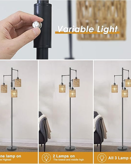 Floor Lamps for Living Room,3 Light Rattan Standing Tall Lamp with Foot Switch & Sturdy Base,Farmhouse Rustic Tree Black Vintage Floor Lamp for Bedroom Office - LeafyLoom