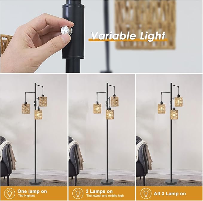 Floor Lamps for Living Room,3 Light Rattan Standing Tall Lamp with Foot Switch & Sturdy Base,Farmhouse Rustic Tree Black Vintage Floor Lamp for Bedroom Office - LeafyLoom