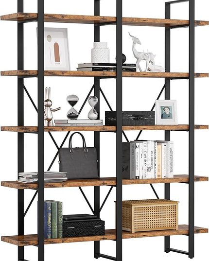 IRONCK Industrial Bookshelf and Bookcase Double Wide 5 Tier, Large Open Shelves, Wood and Metal Bookshelves for Home Office Furniture, Easy Assembly - LeafyLoom