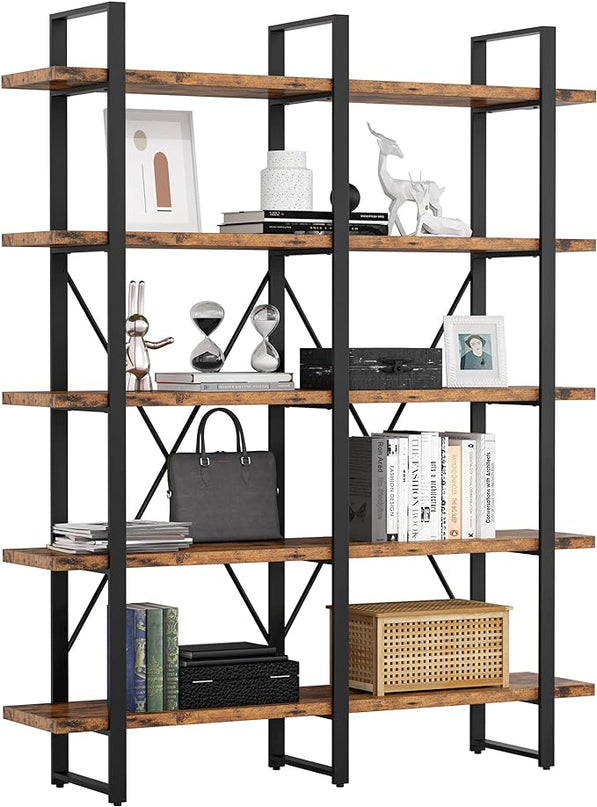 IRONCK Industrial Bookshelf and Bookcase Double Wide 5 Tier, Large Open Shelves, Wood and Metal Bookshelves for Home Office Furniture, Easy Assembly - LeafyLoom