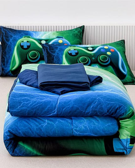 Meeting Story Gamer Gaming Bedding Sets Red Blue Lightnings Gamepad Comforter Set for Boys Games Console Action Buttons Novelty Colorful Modern Room Decor Home Quilt Set (Blue-Green, Full 5Pcs) - LeafyLoom