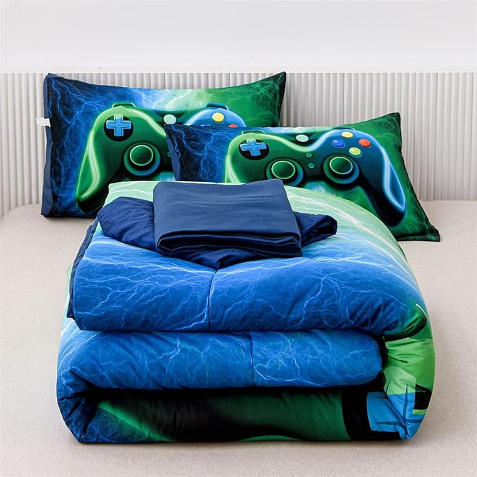 Meeting Story Gamer Gaming Bedding Sets Red Blue Lightnings Gamepad Comforter Set for Boys Games Console Action Buttons Novelty Colorful Modern Room Decor Home Quilt Set (Blue-Green, Full 5Pcs) - LeafyLoom