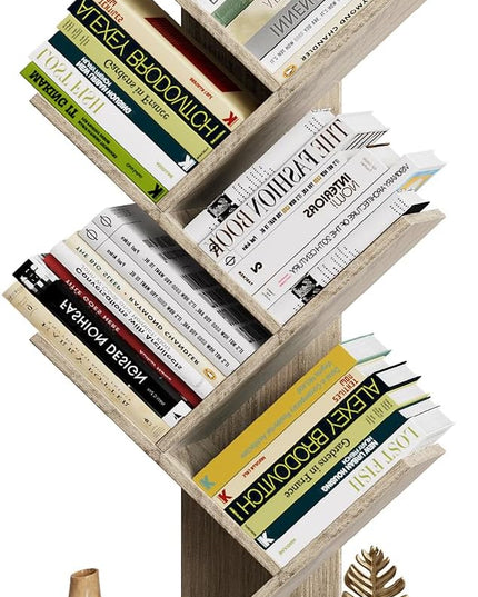 Vagusicc 6 Tier Tree Bookshelf - Retro Shelf Floor Standing Bookcase with Baskets, Tall Wood Book Storage Rack for Books/CDs, Tree Utility Book Organizer Shelves for Living Room, Home Office, Bedroom - LeafyLoom