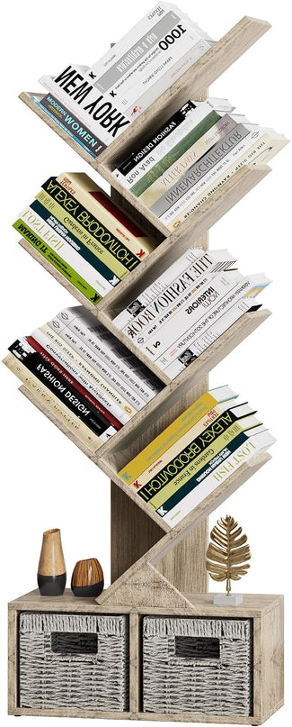 Vagusicc 6 Tier Tree Bookshelf - Retro Shelf Floor Standing Bookcase with Baskets, Tall Wood Book Storage Rack for Books/CDs, Tree Utility Book Organizer Shelves for Living Room, Home Office, Bedroom - LeafyLoom