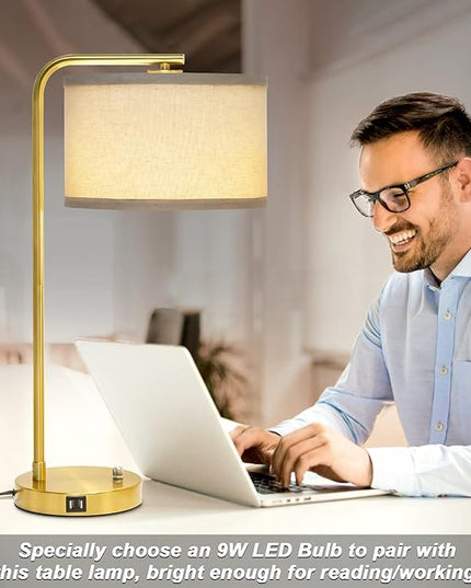 Fully Dimmable Bedside Lamp with Dual USB Ports, Mordern Gold Nightstand Lamp Desk Reading Lamp with Beige Drum Shade, Tall Side Table Lamp for Living Room Bedroom Office, 9W LED Bulb Included - LeafyLoom