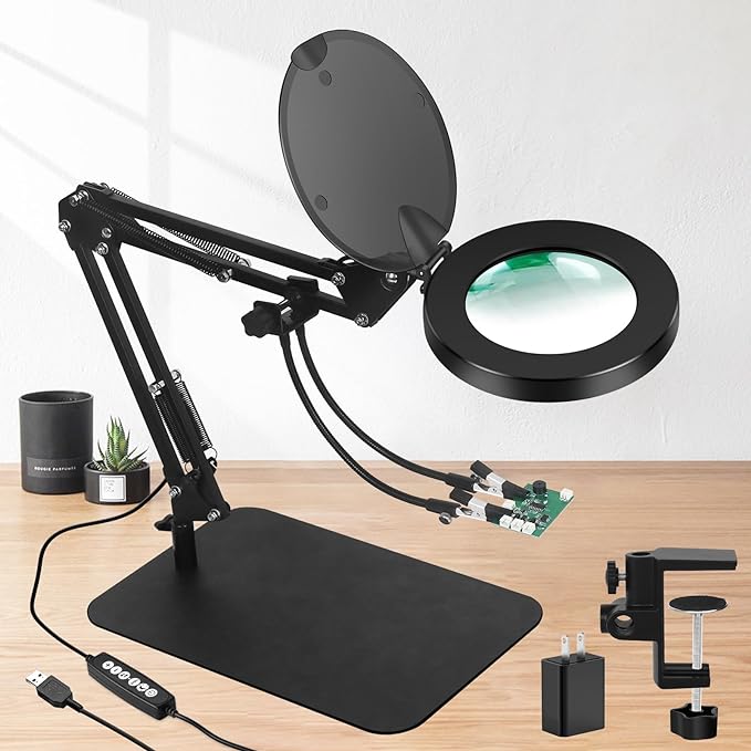 5X Magnifying Glass with Light and Stand, NAKOOS 3-in-1 Magnifying Lamp with Light, 3 Lightings Dimmable Magnifier with Anti-dust Cover and Timer, Soldering Magnifying Glass for DIY Close Work - LeafyLoom