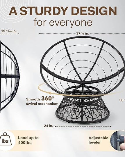 Bme 40" Ergonomic Wicker Papasan Chair with Soft Thick Density Fabric Cushion, High Capacity Steel Frame, 360 Degree Swivel for Living, Bedroom, Reading Room, Lounge, Sepia Sand - Black Base - LeafyLoom
