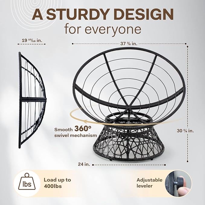 Bme 40" Ergonomic Wicker Papasan Chair with Soft Thick Density Fabric Cushion, High Capacity Steel Frame, 360 Degree Swivel for Living, Bedroom, Reading Room, Lounge, Sepia Sand - Black Base - LeafyLoom