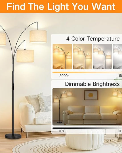 OUTON Arc LED Floor Lamp with Remote & Touch Control, Dimmable Modern Black 3 Light Arched Tall Floor Lamp, Mid Century Adjustable Standing Corner Lamps for Bedroom, Office, Living Room - LeafyLoom