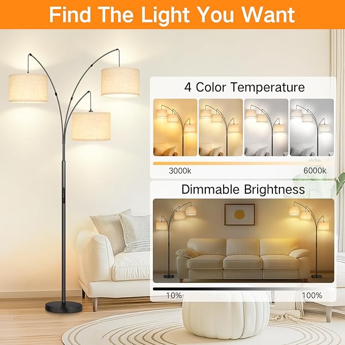 OUTON Arc LED Floor Lamp with Remote & Touch Control, Dimmable Modern Black 3 Light Arched Tall Floor Lamp, Mid Century Adjustable Standing Corner Lamps for Bedroom, Office, Living Room - LeafyLoom