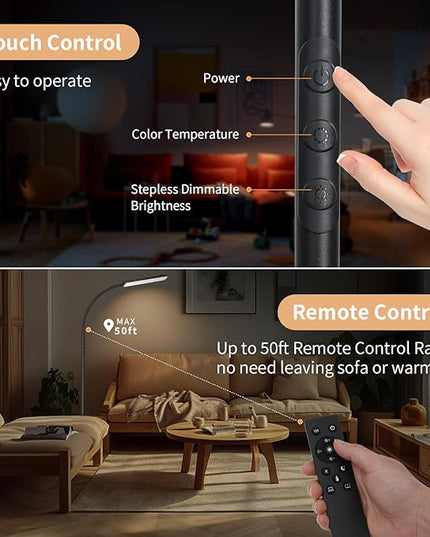 [2024 New] Frideko LED Floor Lamp, 18W 1800LM Super Bright Floor Light with Remote & Touch Control, Dimmable Timing 4 Colors Eye Caring Reading Light, Gooseneck Modern Standing Lamp for Living Room - LeafyLoom