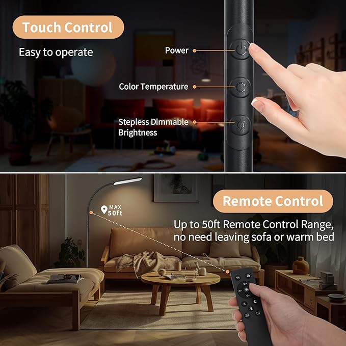 [2024 New] Frideko LED Floor Lamp, 18W 1800LM Super Bright Floor Light with Remote & Touch Control, Dimmable Timing 4 Colors Eye Caring Reading Light, Gooseneck Modern Standing Lamp for Living Room - LeafyLoom